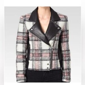 Paige Farrah Plaid Wool Leather Moto Jacket Pink Black Women's Size S